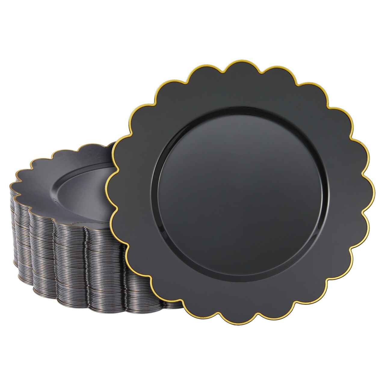 50 Pack Black Plastic Plates, 9 Inch Disposable for Party Supplies, Wedding, Gold Foil Scalloped Edges